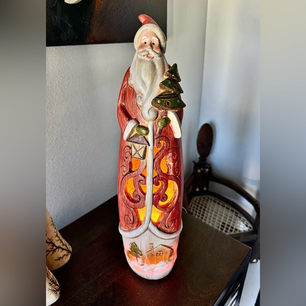 Macy's Santa Figurine with Red Coat and Green Tree with light switch nwot